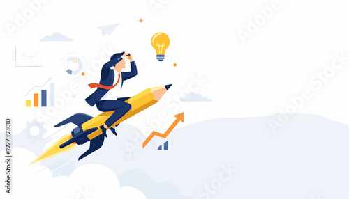 Creative Businessman Riding a Pencil Rocket to Success, Visionary Entrepreneur Looking Through Binoculars for New Ideas and Business Growth, Innovation and Imagination Concept Illustration