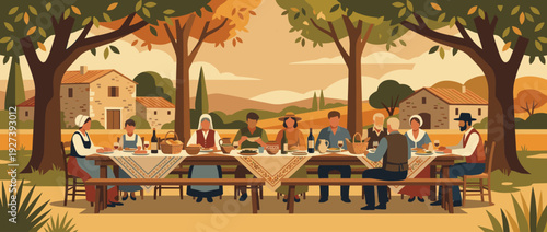Traditional Provencal outdoor dining scene flat vector illustration featuring a large family gathering at a long wooden table under trees, rustic stone houses, and scenic countryside landscape.