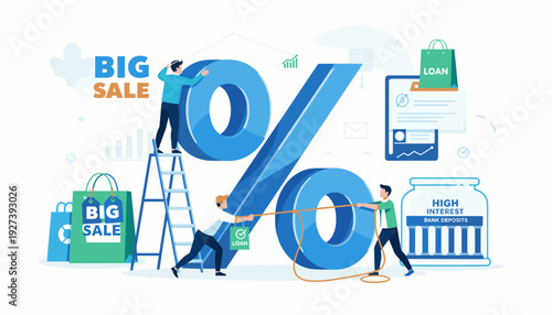 Business team building a large percent sign for big sale discounts, financial loans, and high interest on bank deposits. Concept of banking, investment, and marketing vector illustration.