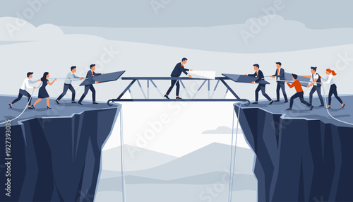 Business Team Building a Bridge Over a Cliff Gap to Connect Two Sides. Concept of Teamwork, Collaboration, and Partnership for Success. Vector Illustration of People Working Together to Win.