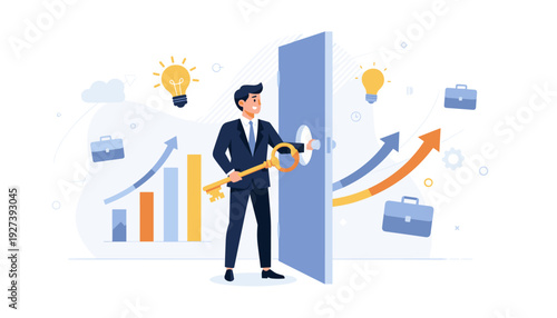 Businessman with a golden key opening a door to success, growth, and new opportunities. Flat vector illustration featuring light bulbs for ideas, bar charts for progress, and career achievement.