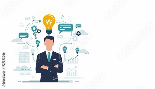 Professional businessman combining multiple small ideas into one large glowing lightbulb, representing brainstorming, innovation, creative strategy, and successful business thought processes.