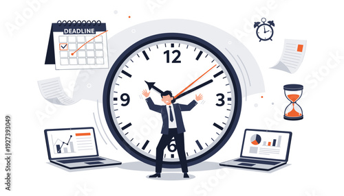 Stressed businessman in suit trying to stop clock hands on a giant watch face, deadline calendar, laptops with charts, hourglass, and alarm clock. Time management and work pressure concept.