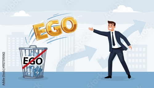 Businessman throwing his golden ego into a trash can, stop ego concept for professional growth and success, humble leadership and personal development vector illustration with city background.
