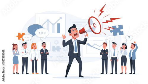 Angry Businessman Shouting into Megaphone at Stressed Employees in Office Setting, Symbolizing Toxic Leadership, Communication Breakdown, Workplace Conflict, and Corporate Management Problems.