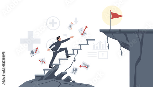 Businessman Climbing a Crumbling Staircase Towards a Goal Flag on a Cliff, Concept of Business Failure, Risk, Economic Crisis, Unsuccessful Task, Broken Path to Success, and Financial Loss Vector