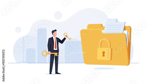 Businessman in suit holding golden keys and looking at a large locked yellow folder with documents, representing data security, secret files protection, information privacy, and cyber security.