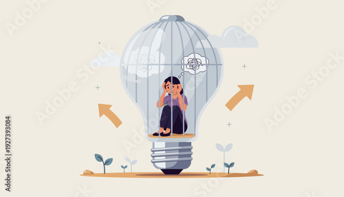 Fixed Mindset and Mental Health Concept Illustration of a Trapped Woman Inside a Lightbulb Cage Feeling Anxious and Stuck, Symbolizing Fear of Failure, Creative Block, and Internal Struggle