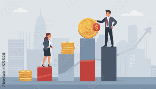 Gender Pay Gap and Career Inequality Concept with Business Man and Woman Standing on Bar Chart Columns with Gold Coins and City Skyline Background Representing Financial Discrimination at Work