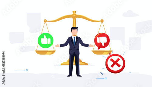 Businessman balancing like and dislike symbols on golden scales, representing decision making, feedback evaluation, pros and cons, ethics, and choosing between right and wrong in a corporate world.