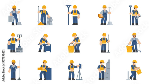 Construction Workers with Various Tools and Equipment.