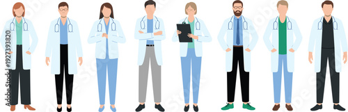 Diverse Doctors Team Standing Together Medical Professionals in White Coats Flat Vector Illustration Collection Design