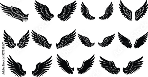 A set of nine different style wing illustrations in minimalist flat black style on a white background. Use these wings for graphic design