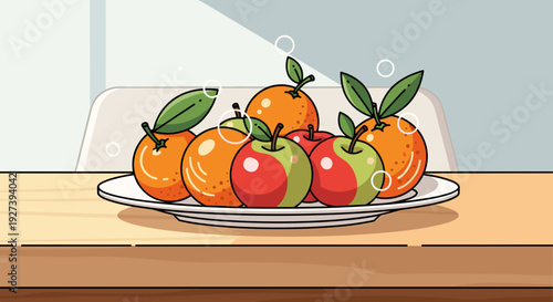 Colorful Oranges and Apples on Plate.