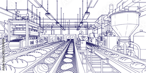 Food Manufacturing Plant Interior with Conveyor Belt System – Industrial Factory Production Line Vector Sketch, Food Processing Facility Equipment Line Art Drawing for Manufacturing Industry