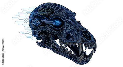 Detailed dinosaur skull with sharp teeth.