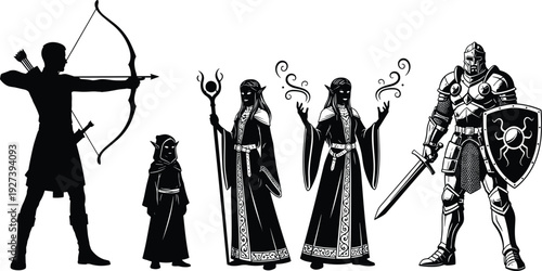 Fantasy RPG character silhouette set featuring archer, mage, elf, and knight with sword and shield for gaming and medieval adventures