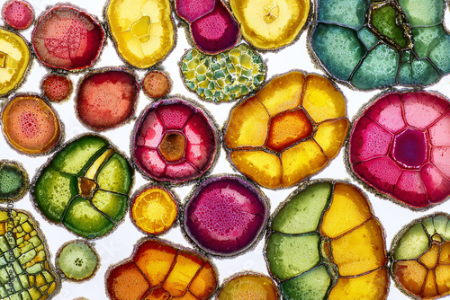 Colorful petri dish abstract showing segmented organic cells in vivid yellow, magenta, and green, resembling textured glass or biology art.