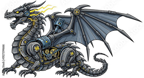 Mechanical Dragon Robot Creature Fantasy Illustration.