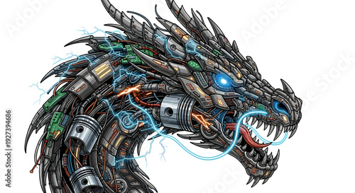 Mechanical Dragon Head with Metallic Scales.