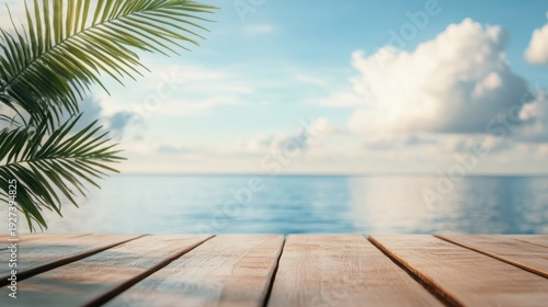 Tranquil ocean view with wooden deck and palm frond