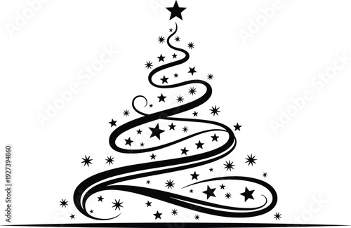 Minimalist Black Christmas Tree Silhouette with Swirls and Stars, Modern Holiday Pine Graphic for Winter Festive Season Greeting Cards and Decor