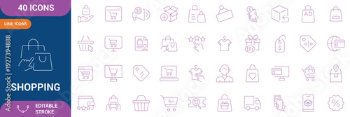 Shopping Line Editable Icon Set. delivery, buy, product, shop, e-commerce, cart, customer, offer, online shopping and etc. Editable stroke. Vector illustration