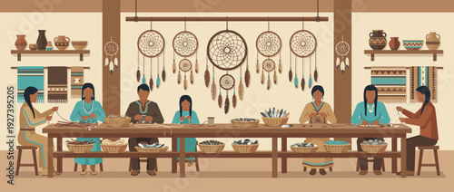 Flat Vector Illustration of a Traditional Native American Dreamcatcher Workshop with Indigenous People Crafting Handmade Talismans Using Feathers, Beads, and Natural Materials in a Cultural Studio