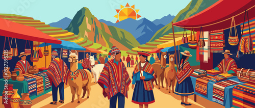 Colorful flat vector illustration of a traditional Peruvian market in the Andes mountains with people in ethnic ponchos, alpacas, llamas, handwoven textiles, pottery, and terraced mountain landscape.