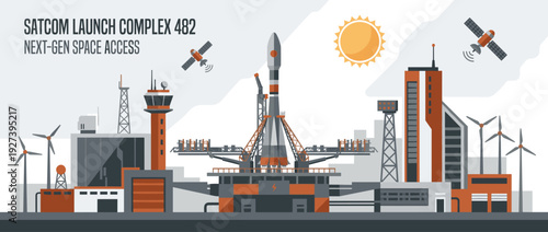 Modern spaceport and satellite launch complex flat vector illustration featuring a rocket on the launchpad, control tower, wind turbines, and orbiting satellites for next-gen space access.