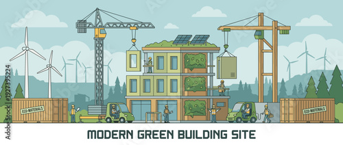 Sustainable construction site illustration featuring a modern green building with vertical gardens, solar panels, wind turbines, eco-friendly materials, and workers in a flat vector style.
