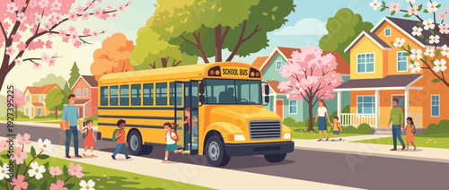Flat vector illustration of a yellow school bus dropping off happy children on a sunny suburban street lined with blooming cherry blossom trees and colorful houses, parents greeting their kids.