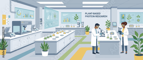 Modern food science laboratory illustration showing scientists conducting plant-based protein research with advanced technology, microscopes, digital data displays, and sustainable food testing.
