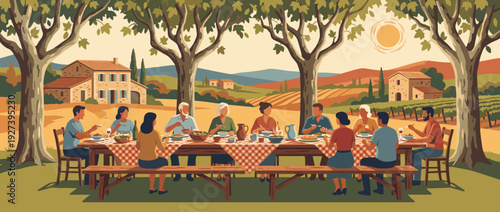 Traditional Provencal outdoor dining scene with a long table under trees, featuring a large family enjoying a meal in a vineyard landscape with a rustic farmhouse, flat vector illustration.