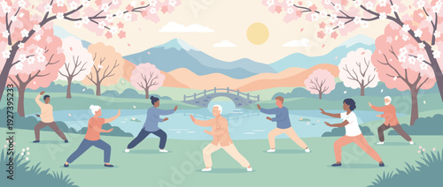 Peaceful morning Tai Chi practice in a park with blooming cherry blossom trees, serene mountains, and a diverse group of people exercising for health and wellness, flat vector illustration.