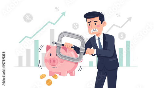 Stressed Businessman Using a Metal Clamp to Squeeze a Piggy Bank Representing Budget Cuts, Reducing Spending, and Financial Crisis Management Amidst Rising Inflation and Economic Pressure.