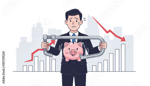 Businessman using a clamp to squeeze a piggy bank for budget cuts and cost reduction during a financial crisis, economic recession, and market crash with a falling red arrow and city background.