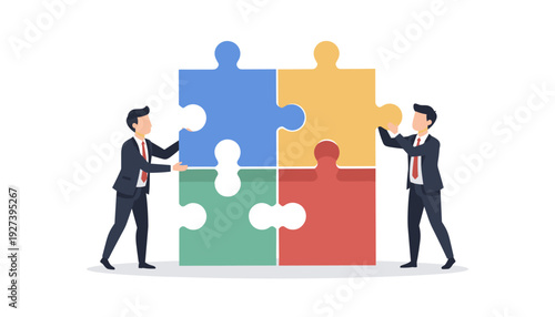 Two Businessmen in Suits Collaborating to Assemble a Large Four-Piece Jigsaw Puzzle, Symbolizing Teamwork, Strategic Partnership, Corporate Success, and Finding Creative Business Solutions Together