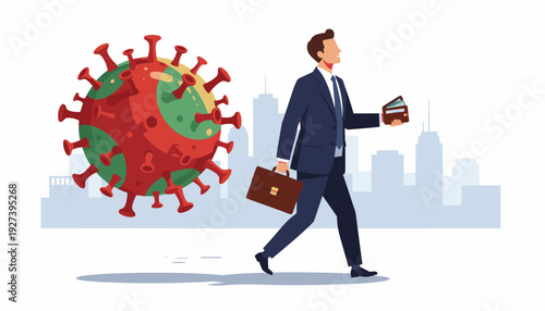 Businessman in a suit walking away from a large COVID-19 coronavirus pathogen while holding a wallet full of money and a briefcase, representing economic recovery and financial success post-pandemic.