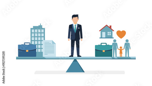 Businessman Standing on a Balance Scale Balancing Work and Life Concept Illustration with Office Building, Briefcase, Family, House, and Heart Symbols for Career and Personal Harmony.
