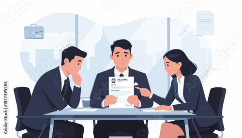 Professional HR Team Reviewing Candidate Resume During Job Interview in Modern Office, Recruitment Process, Talent Acquisition, Hiring New Employee, Business People Discussing CV at Meeting Table