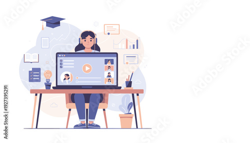 Flat Design Vector Illustration of a Woman Sitting at a Desk Watching Video Tutorials for Online Education, Remote Training, and Digital Courses with E-learning Icons and Laptop Interface.