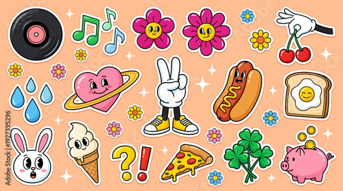 Retro Cartoon Pop Art Sticker Pack - Whimsical Y2K Doodle Collection with Cute Characters & Nostalgic Icons
