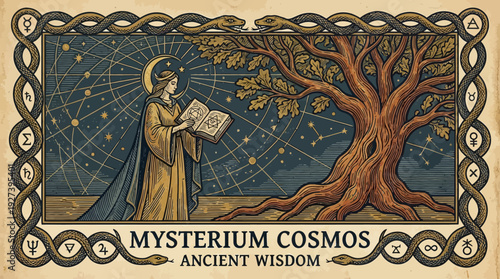 Mysterium Cosmos: Ancient Wisdom, Esoteric Alchemy & Astrology. Mystical Tree of Life and Celestial Oracle with Sacred Book.