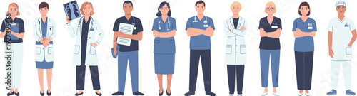 Diverse Healthcare Professionals Team Standing Together Doctors Nurses Hospital Staff Flat Vector Illustration Collection Design Set
