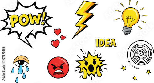 A vibrant pop art vector illustration featuring a comic book explosion with a yellow sunburst background, incorporating a heroic boom text sign and a power burst symbol for a summer