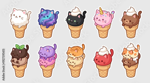 Adorable Kawaii Cat Ice Cream Scoops in Waffle Cones - Cute Feline Dessert Character Sticker Collection