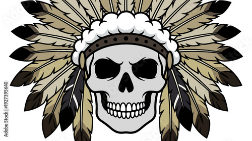 Fierce Skull Warrior Wearing Traditional Feather War Bonnet Headdress Vector Illustration