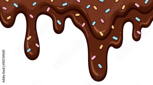 Sweet Dripping Chocolate Sauce with Colorful Sprinkles Cartoon Illustration. Delicious Candy Topping Border Design Element on White Background.