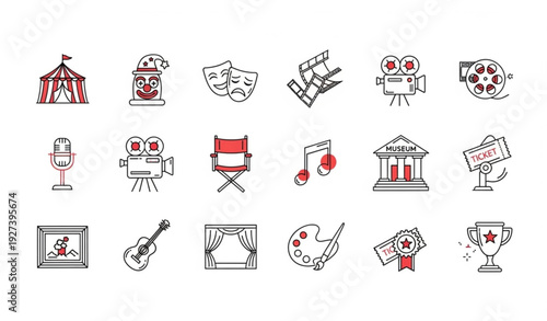 Entertainment and Art Industry Thin Line Icon Set with Circus Theater Cinema Music and Museum Symbols in Black and Red Outline Vector Illustration